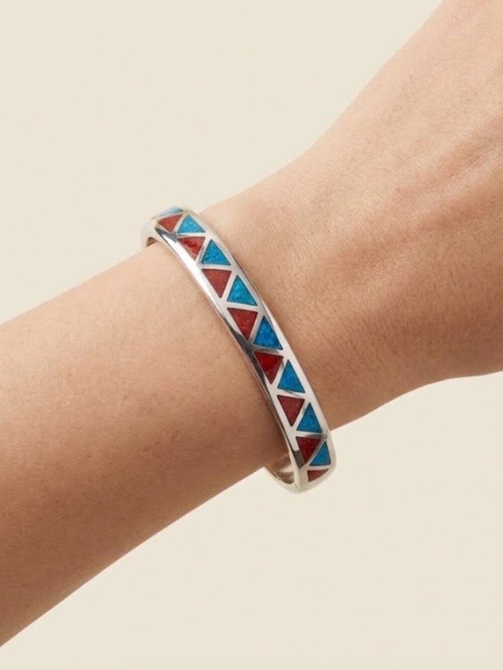 Blue and Red Geometric Bangle silver tone